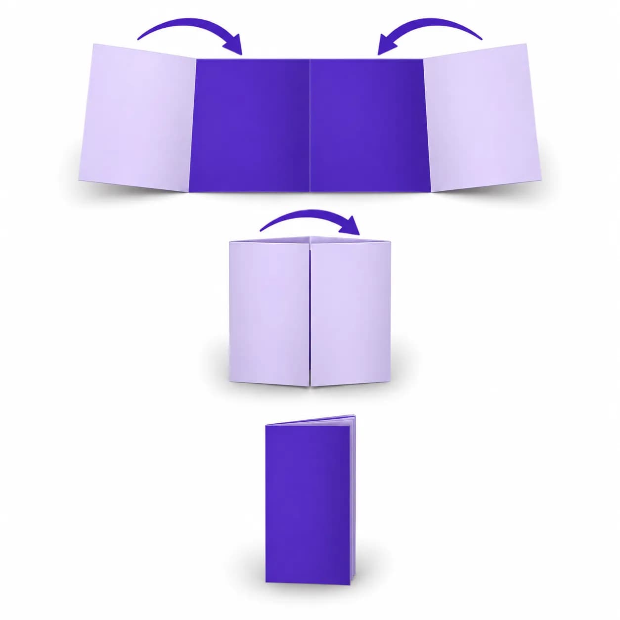 Fold diagram: the two outer panels fold in to meet at the centre, then the sheet folds in half again