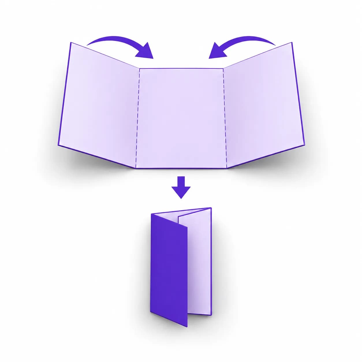 Fold diagram: a flat sheet folded twice into three panels that roll inwards