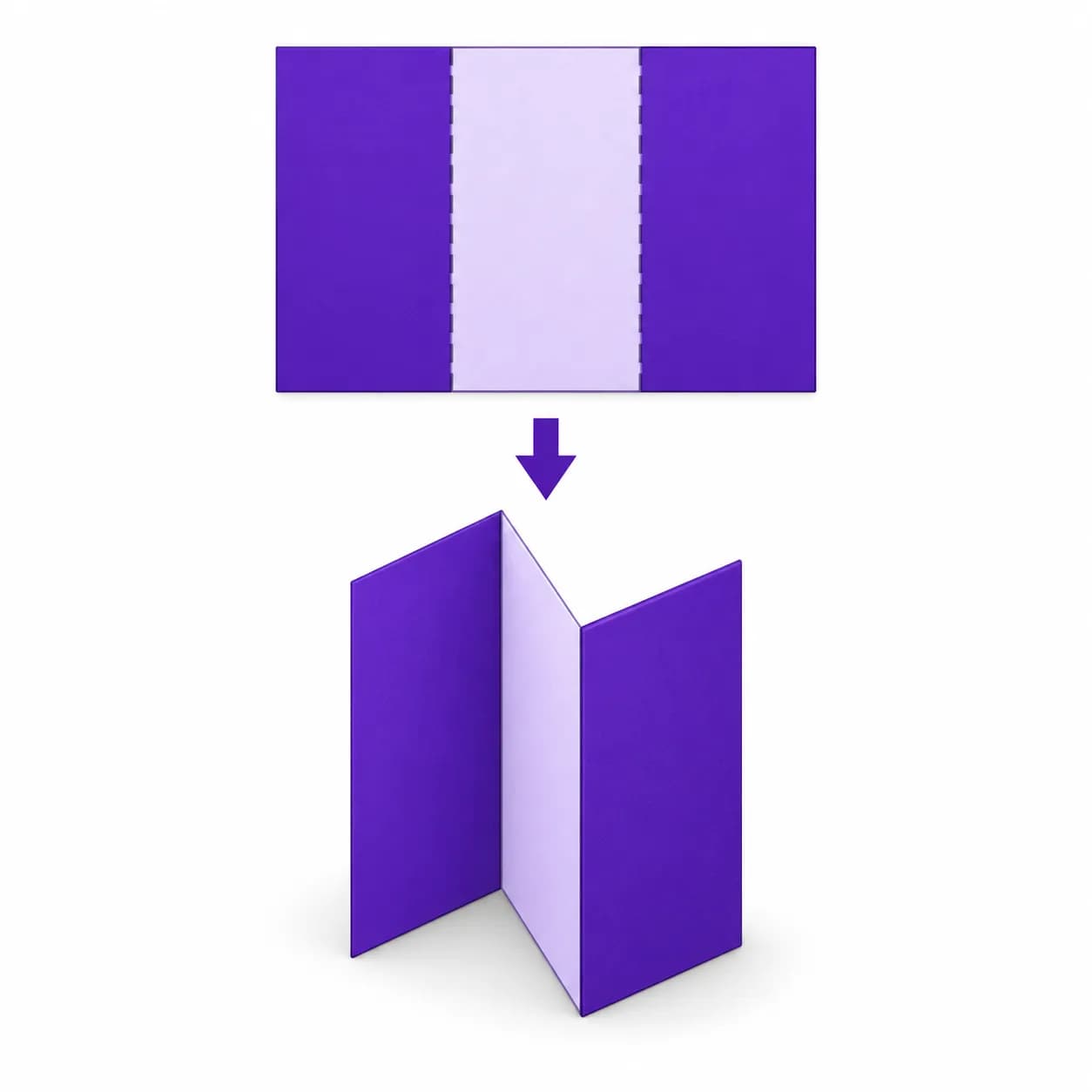 Fold diagram: a flat sheet folded twice into three panels that open out flat in a Z shape